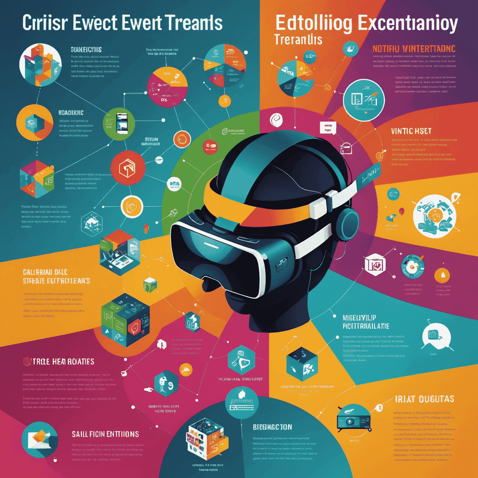 Colorful infographic showing various event industry trends such as virtual reality experiences, sustainable event practices, and hybrid event models