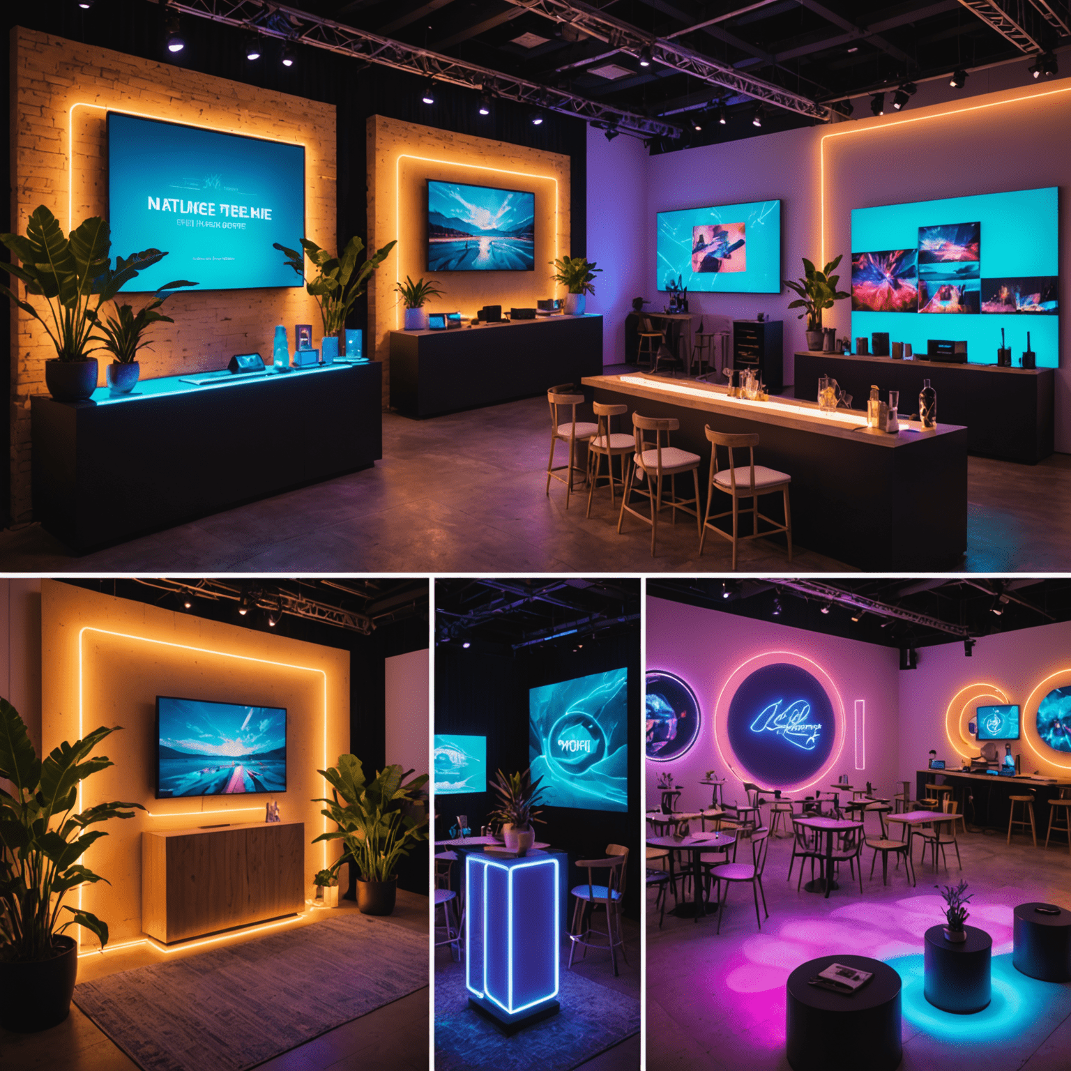 Collage of modern event setups featuring neon lights, interactive displays, and sustainable decor
