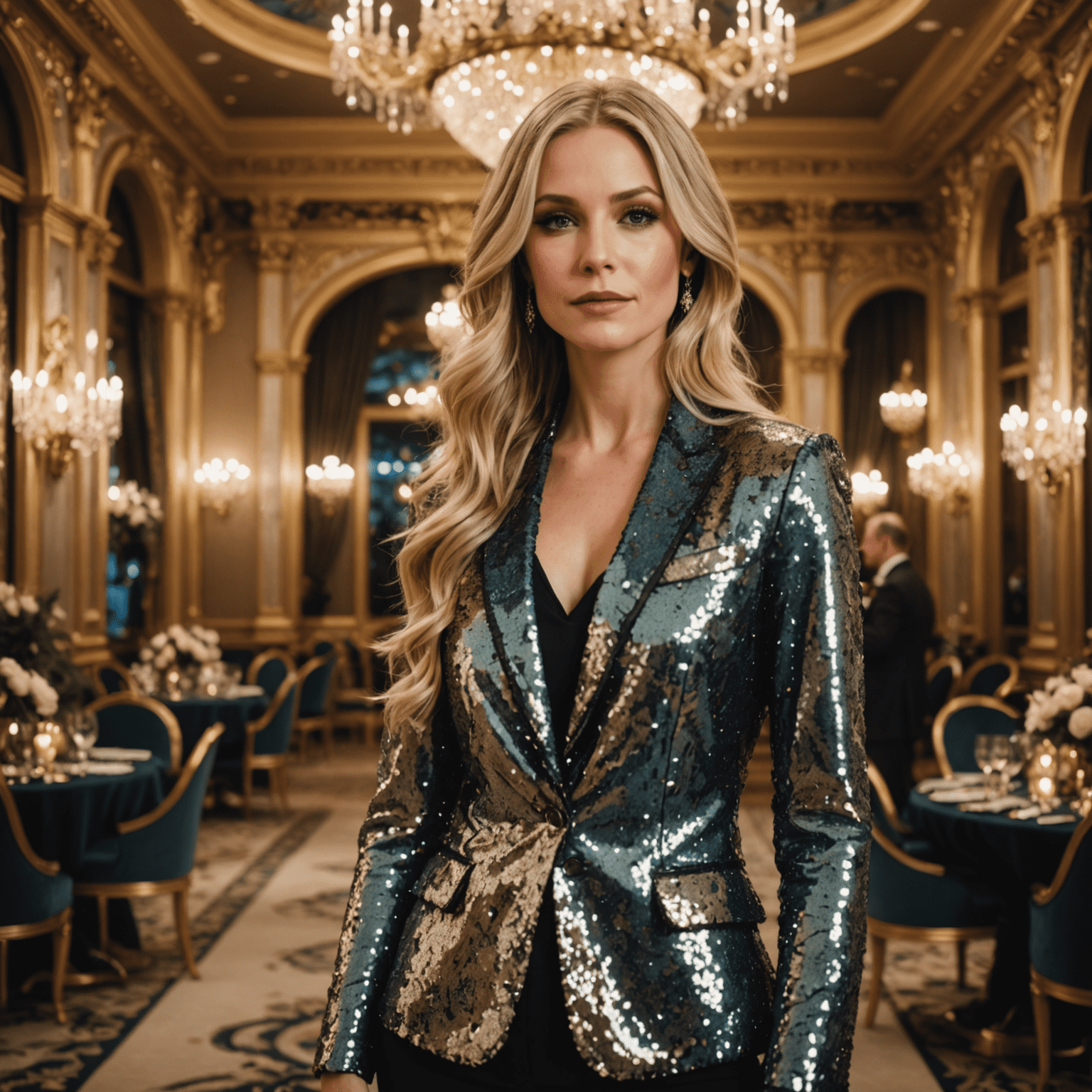 Sarah Sparkle, a glamorous event planner with long blonde hair, wearing a sequined blazer, standing in front of a lavishly decorated ballroom
