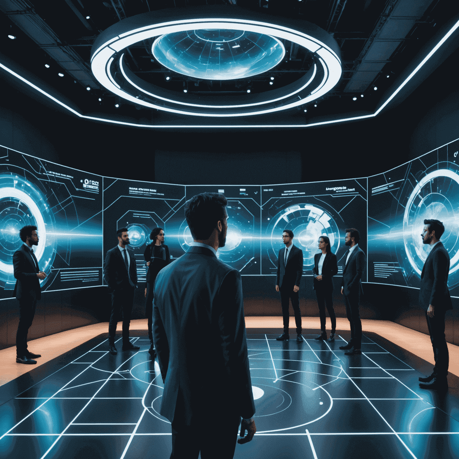 Futuristic event space with holographic displays, AI assistants, and attendees interacting with cutting-edge technology