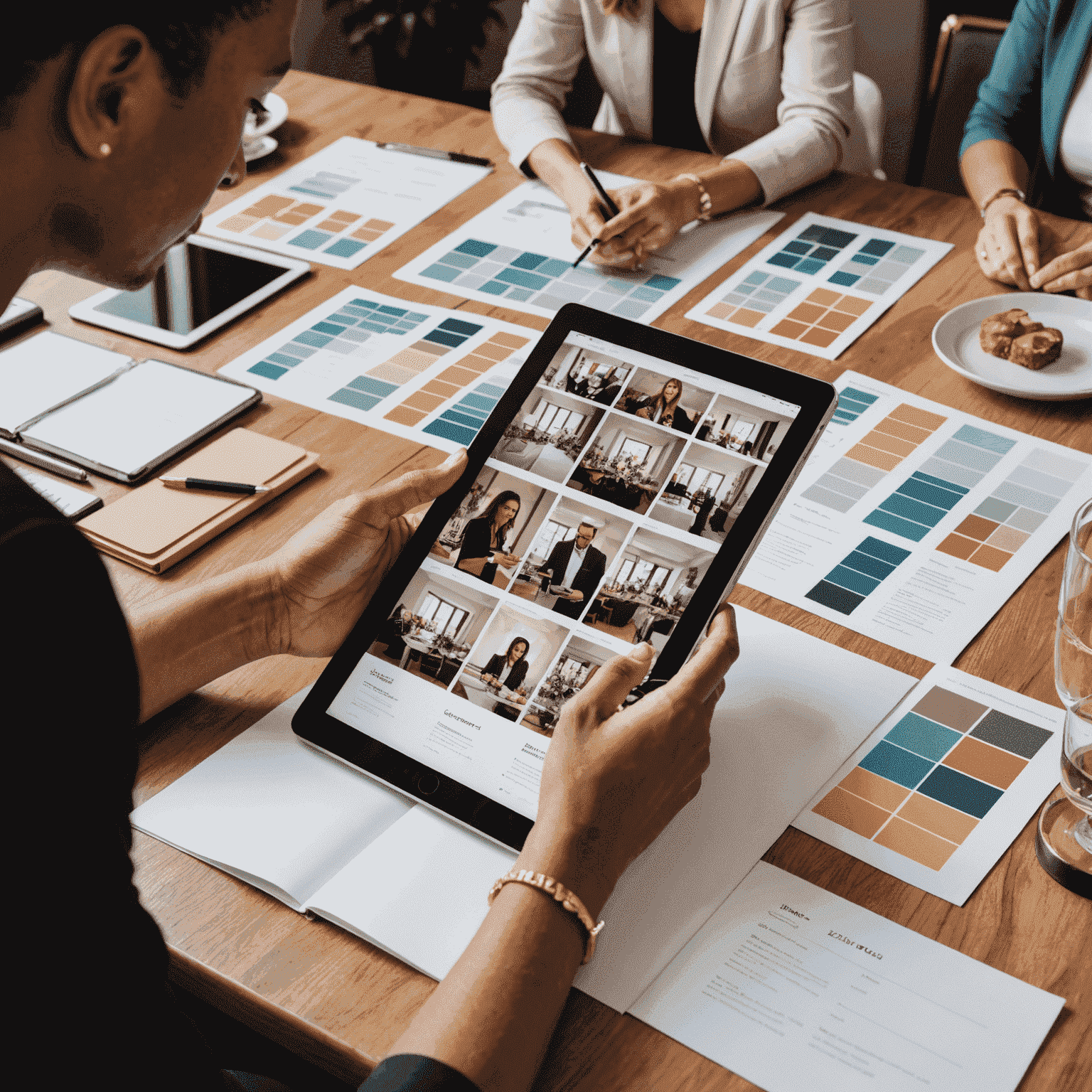 A professional event planner consulting with clients, discussing ideas over a table with event mood boards, color swatches, and a tablet showing venue options