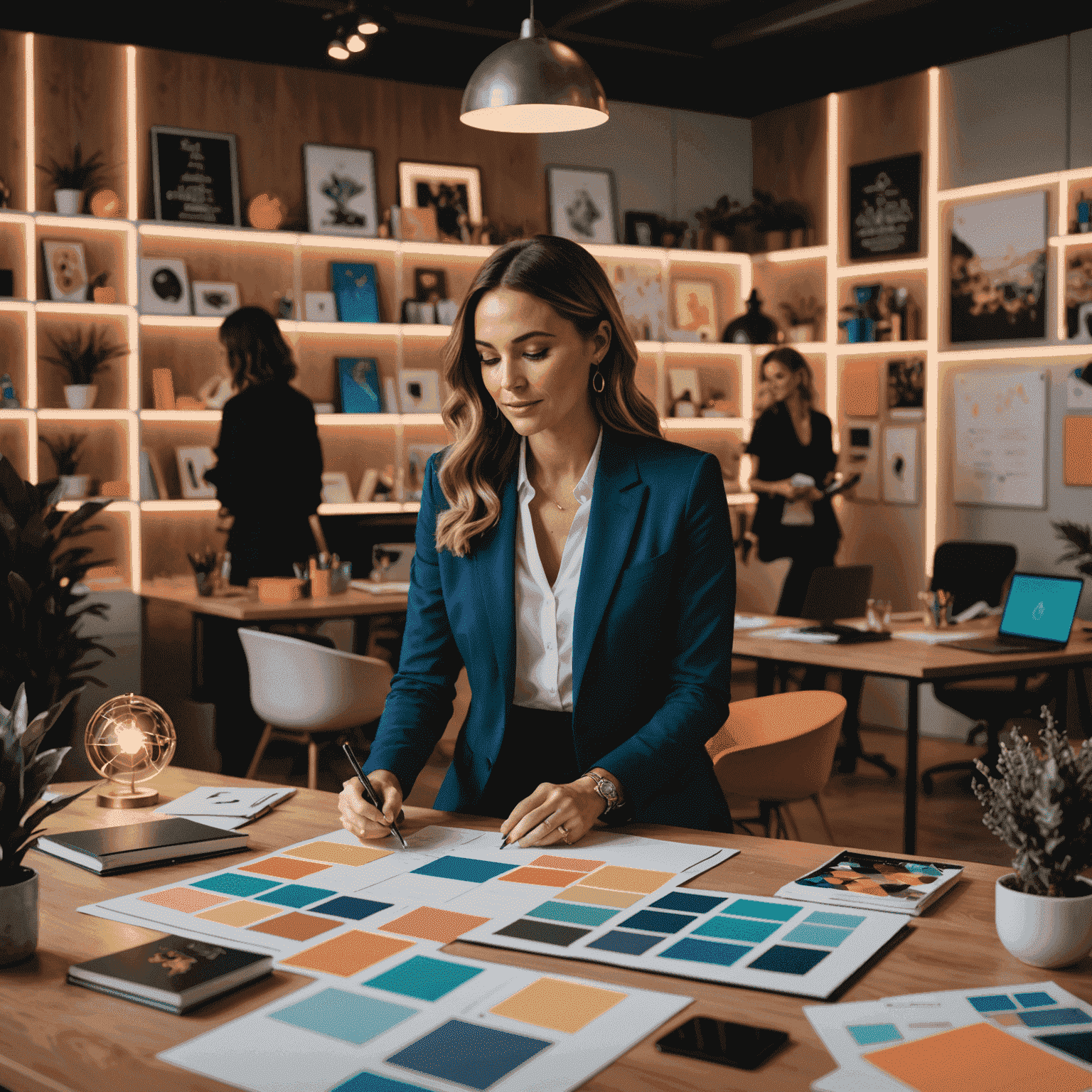 A stylish event planner discussing ideas with clients in a modern office, surrounded by mood boards, color swatches, and 3D venue models. The scene is illuminated by neon accents, creating a vibrant and energetic atmosphere.