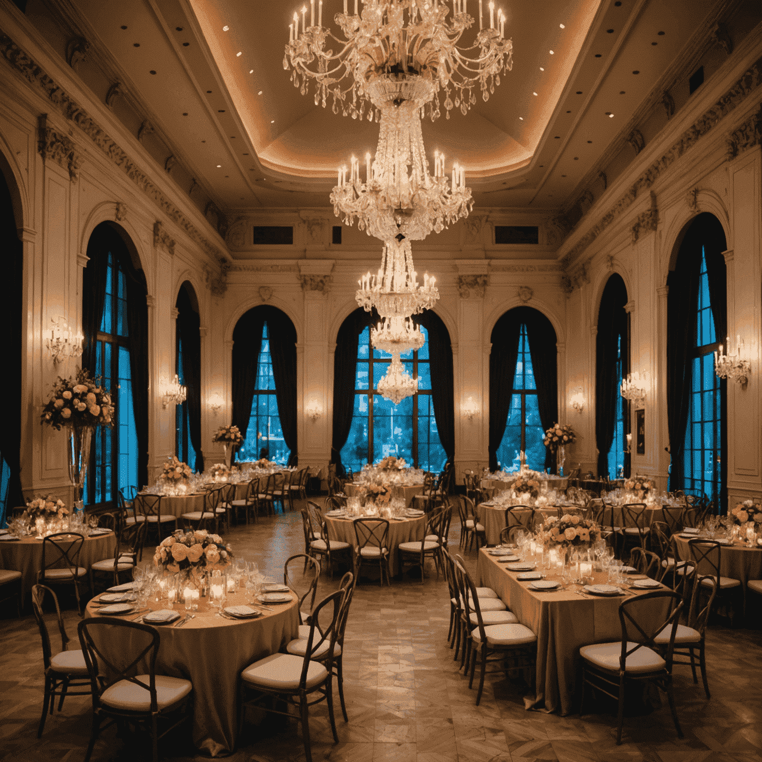A stunning event venue with high ceilings, crystal chandeliers, and elegant table settings. The space is decorated with vibrant floral arrangements and neon accents, showcasing a perfect blend of classic elegance and modern flair.