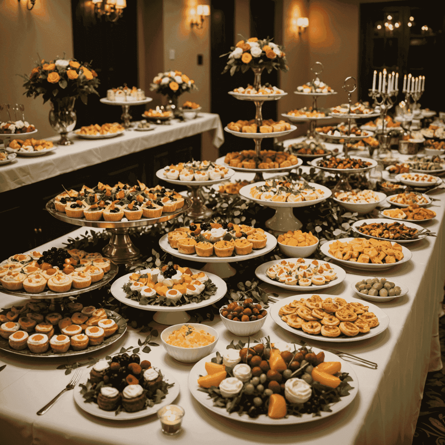 A beautifully arranged buffet table with a variety of colorful dishes, appetizers, and desserts. The table is decorated with elegant floral centerpieces and mood lighting, showcasing the high-quality catering services offered for events.