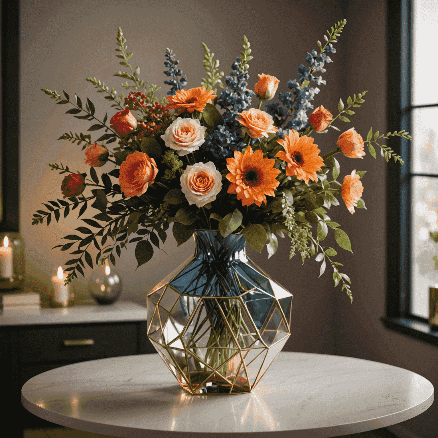Elegant floral centerpiece with vibrant colors and modern geometric vase, surrounded by ambient lighting