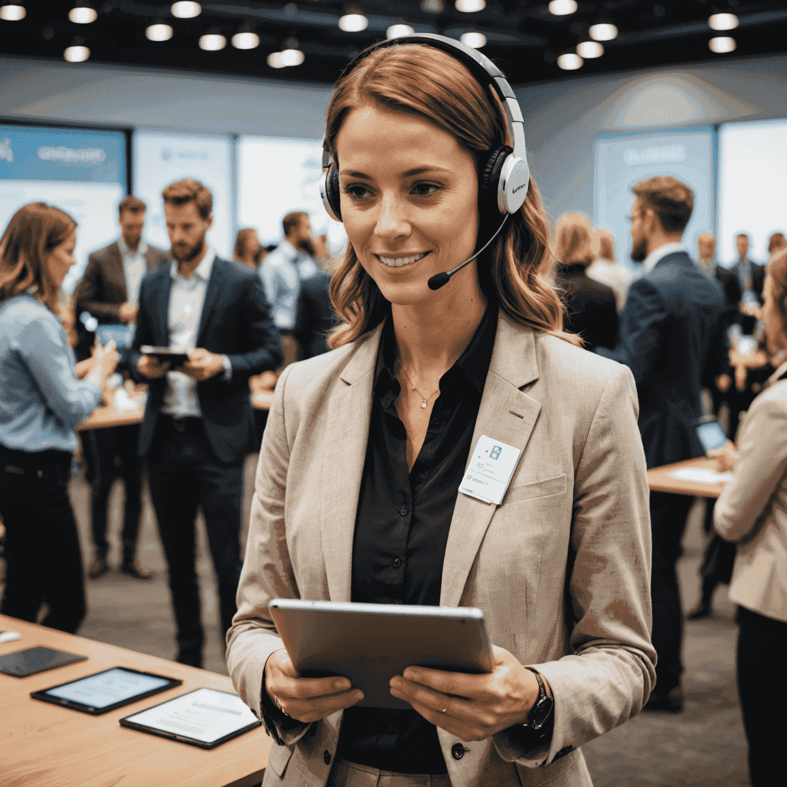 Event coordinator in action, wearing a headset and managing a tablet, overseeing a bustling corporate event with attendees in the background