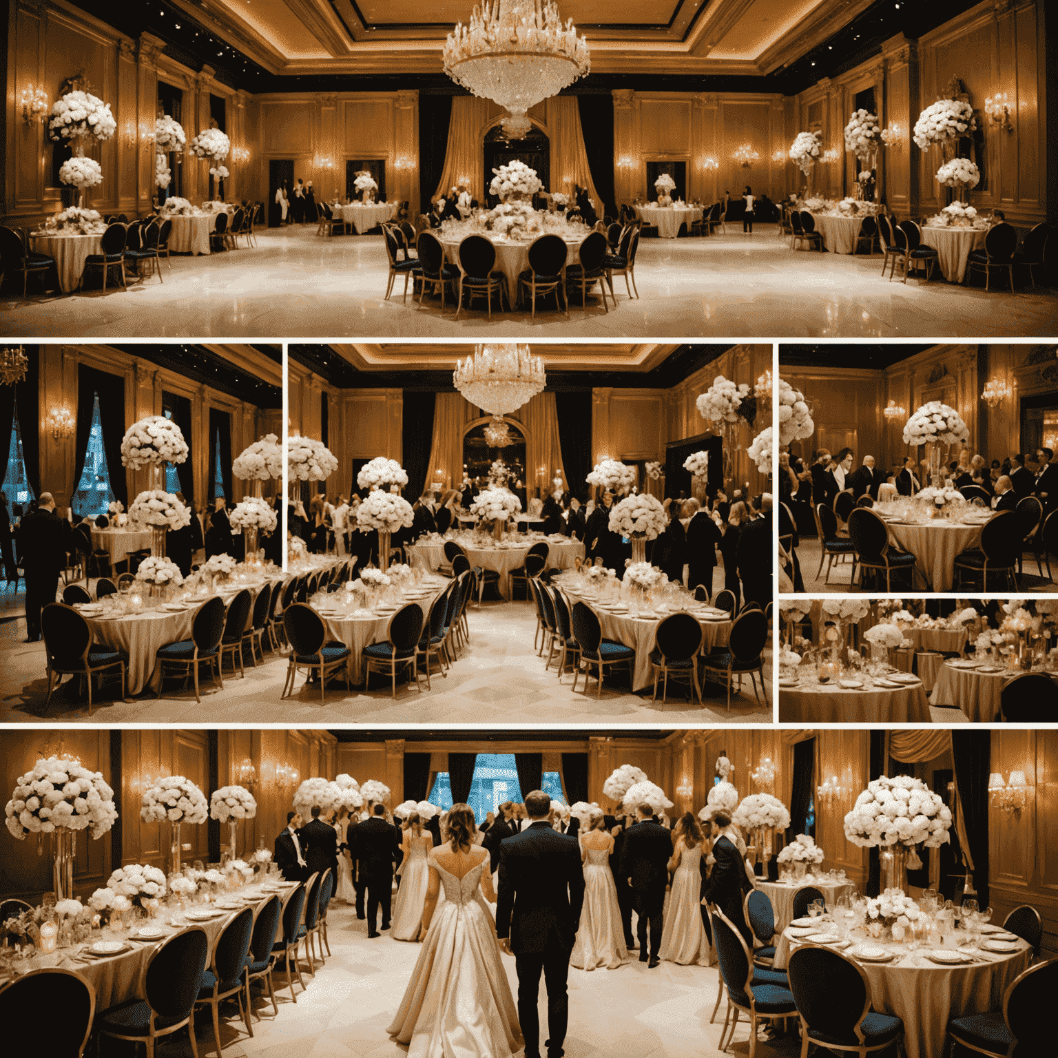 Collage of famous event planners working on luxurious celebrity events, showcasing opulent decorations and venue setups