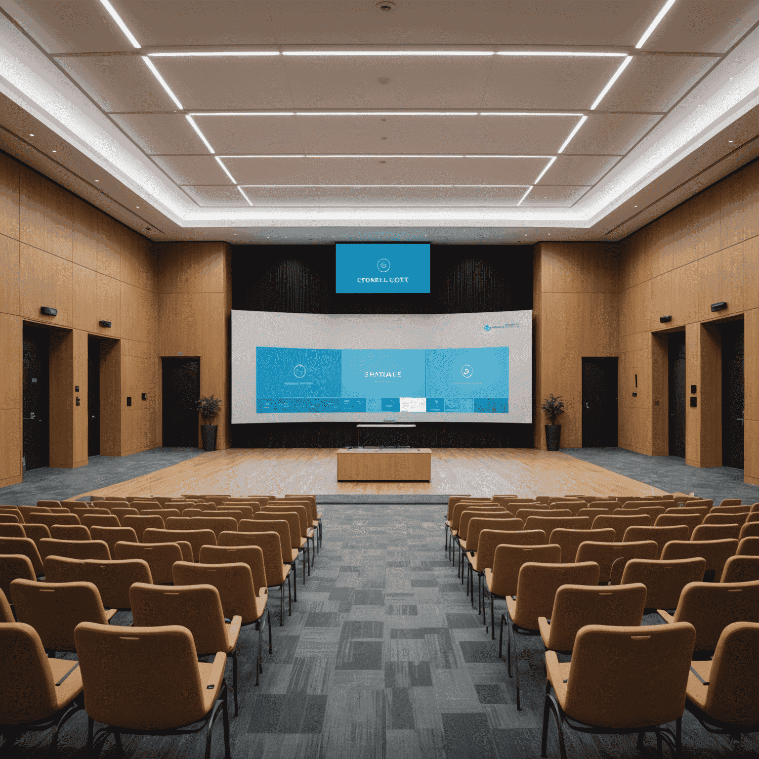 Split-screen image showing a physical conference hall alongside a virtual event platform interface