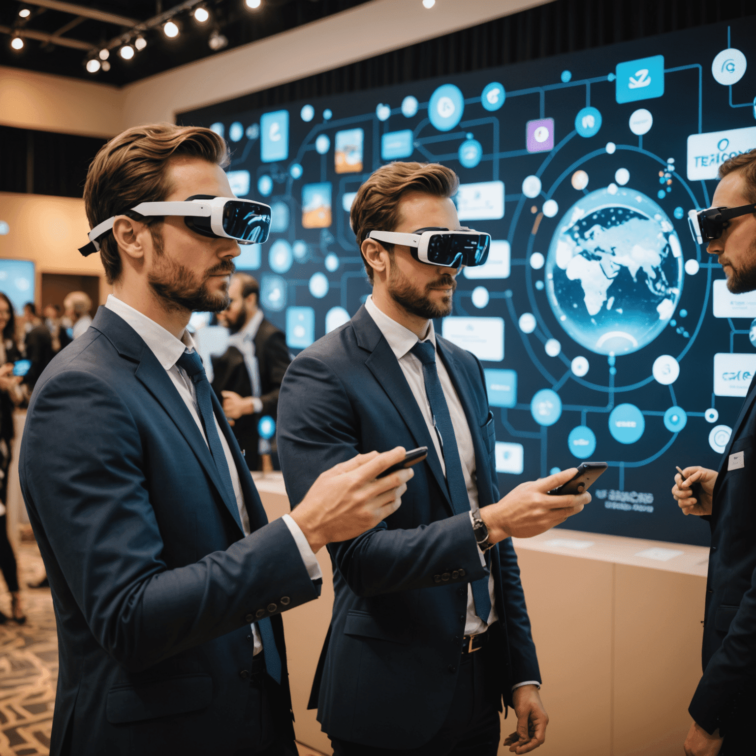 Event attendees using AR glasses to interact with virtual decorations and information displays at a high-tech themed corporate event