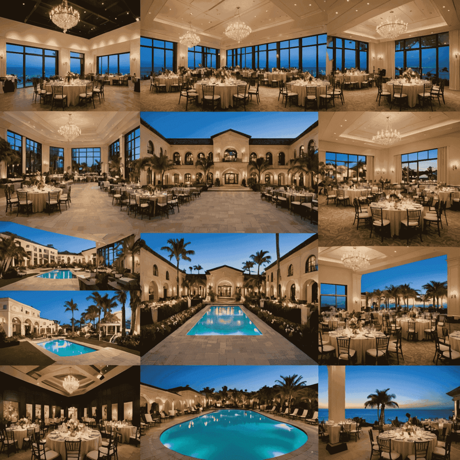 A collage of various event venues including a grand ballroom, outdoor garden, modern loft space, and beachfront location, showcasing the diversity of options available