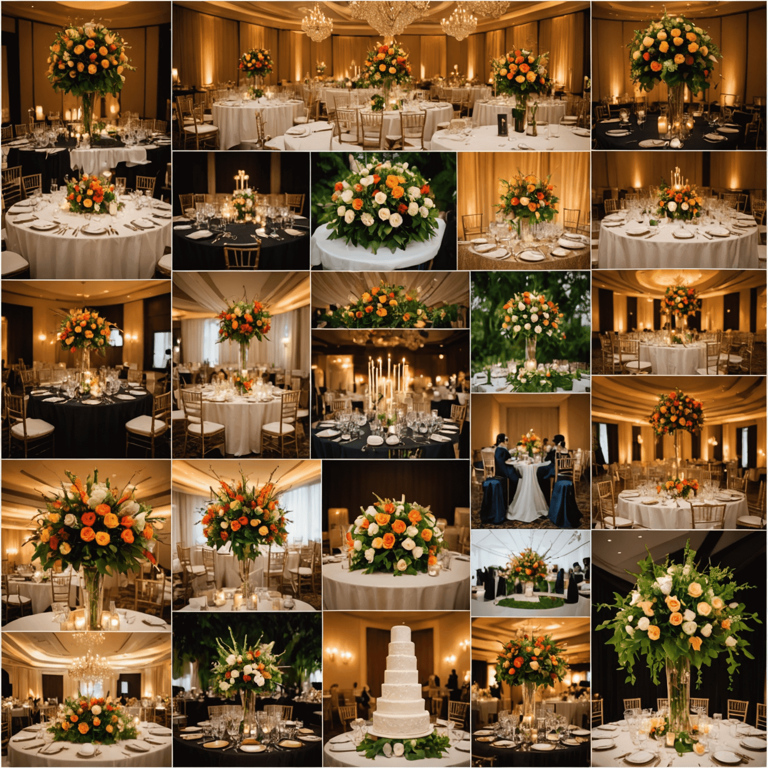 A collage of successful events planned by our team, showcasing diverse themes from elegant weddings to vibrant corporate parties, with happy clients and stunning decor elements.