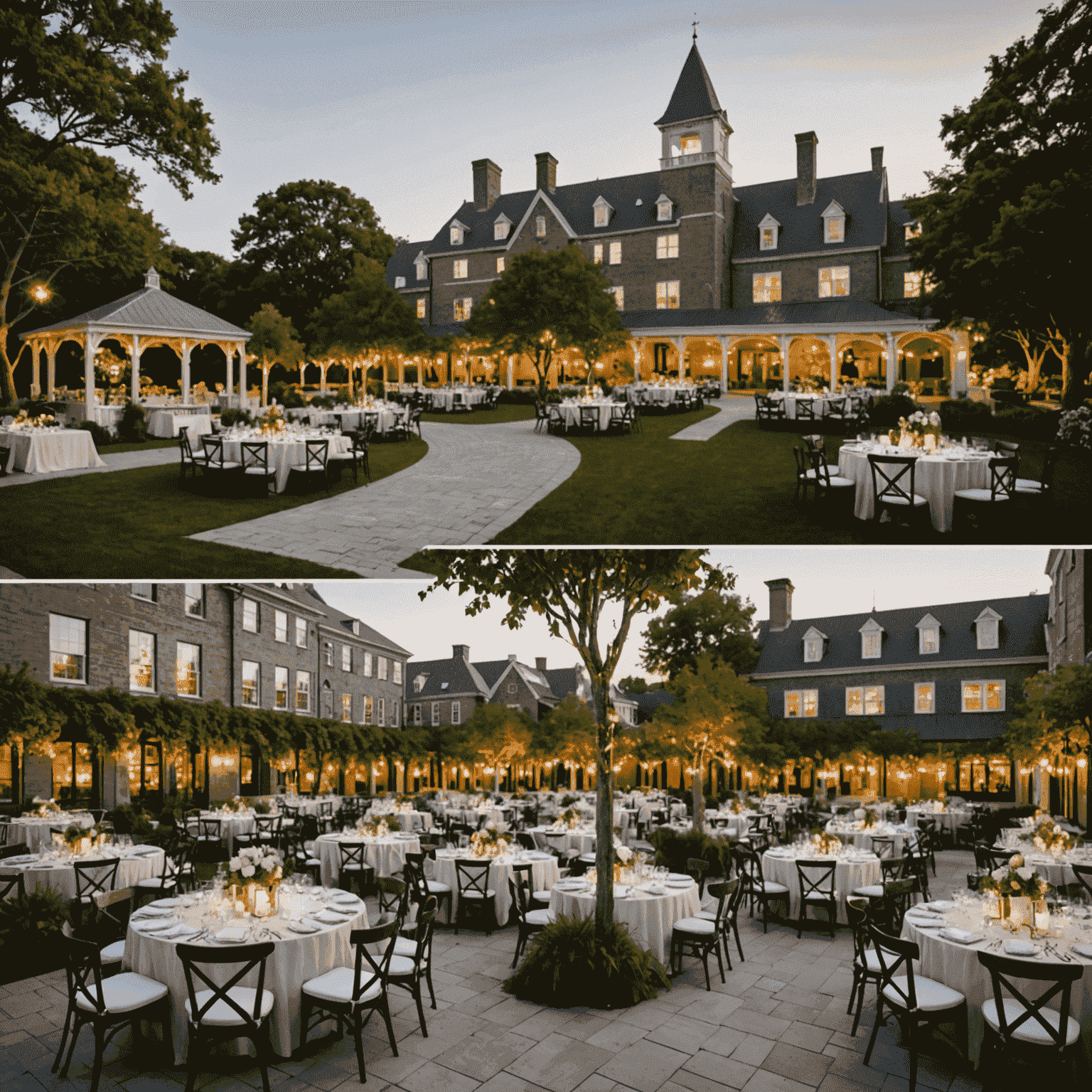 A collage of diverse event venues, including a rooftop garden, a sleek industrial loft, a beachfront pavilion, and a historic mansion. Each venue is styled differently, showcasing the versatility of our venue selection service.