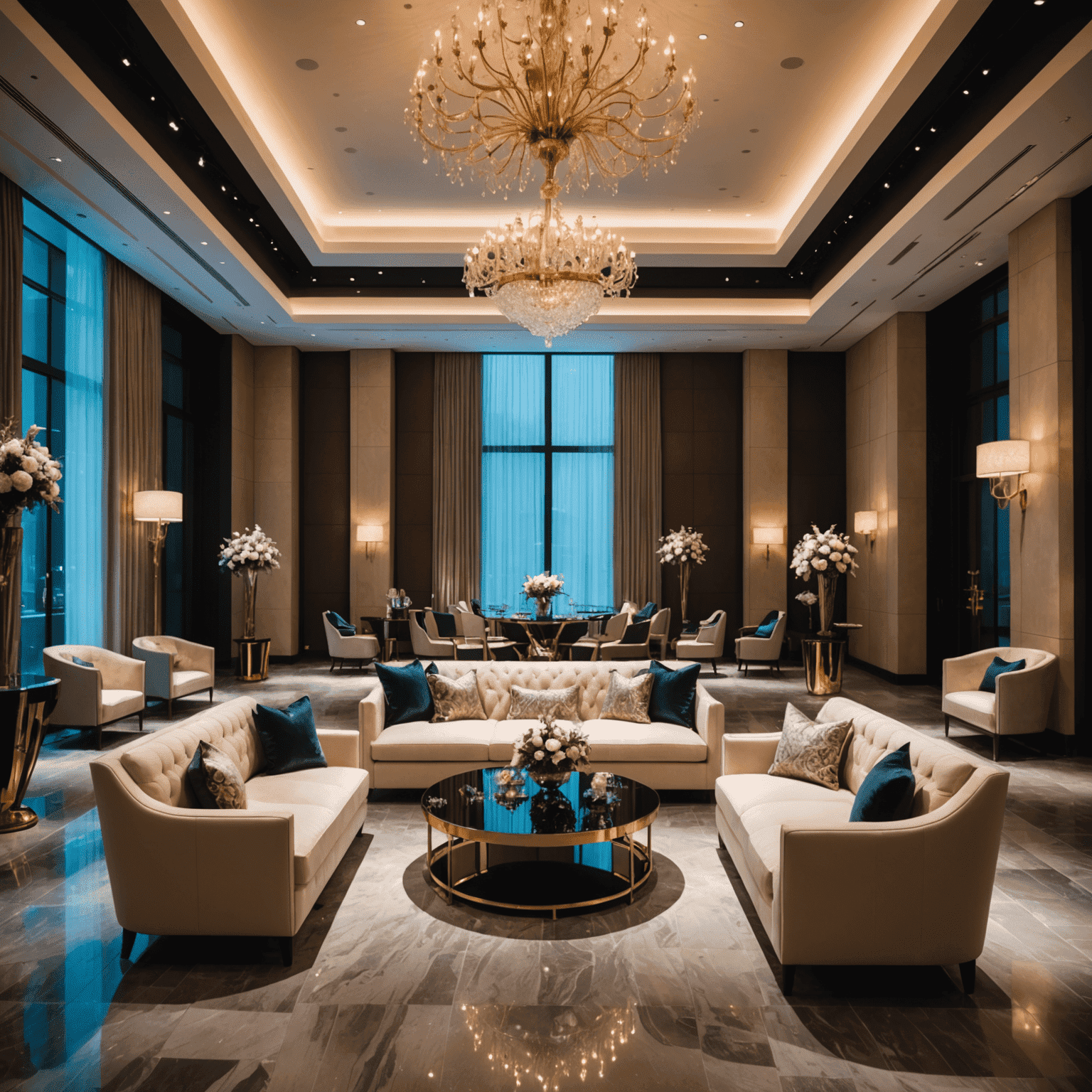 Luxurious event space with modern furniture, dramatic lighting, and themed decorations for a corporate gala