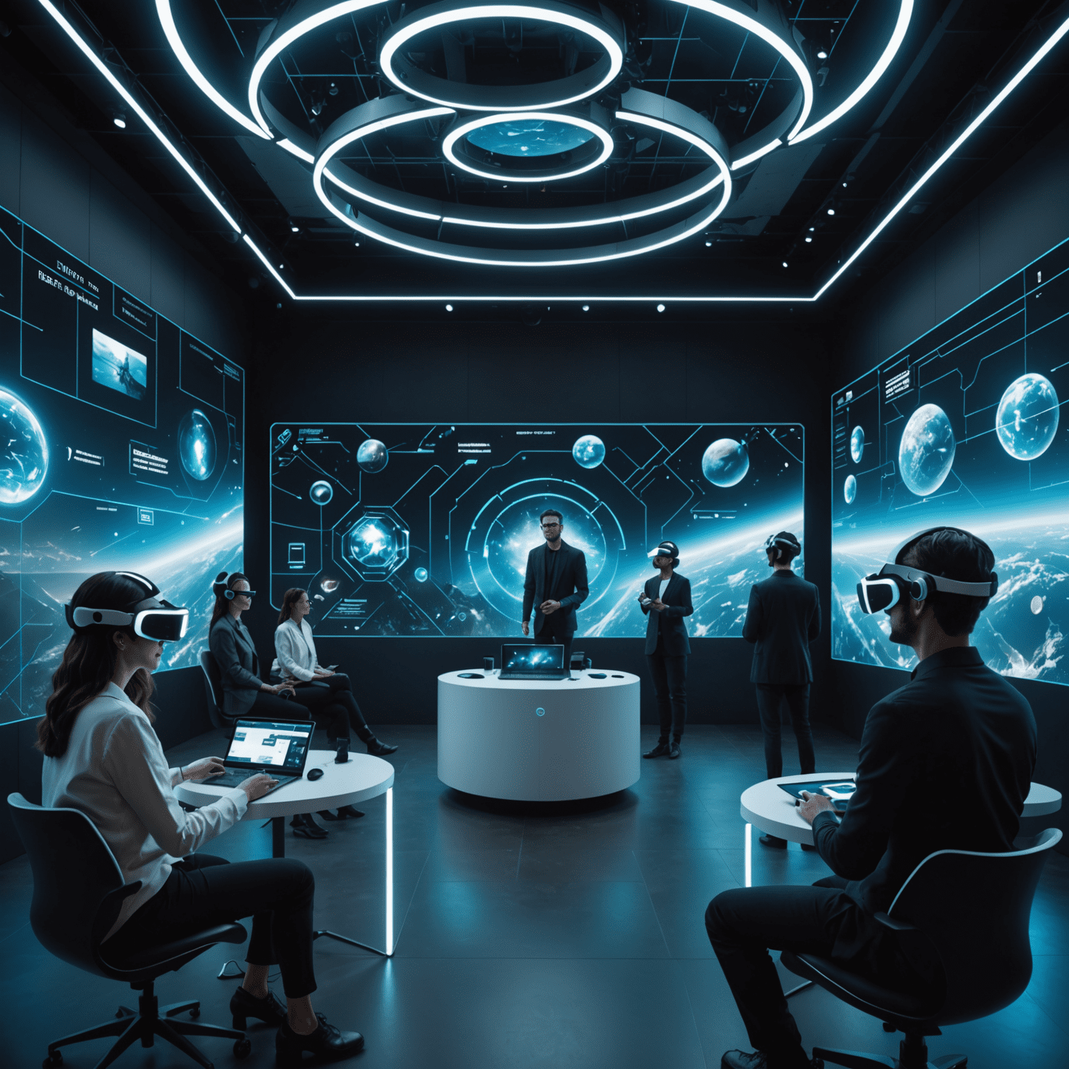 Futuristic event space with holographic displays, AI assistants, and attendees using VR headsets for immersive experiences