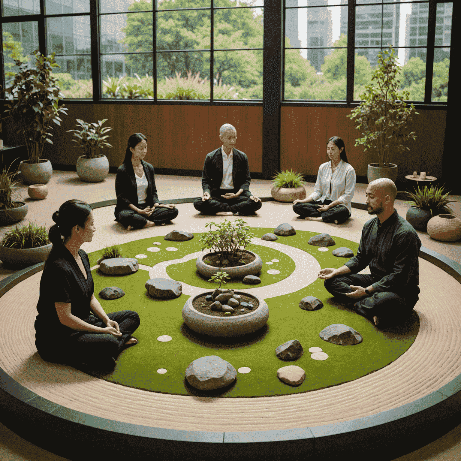 Zen garden setup at a corporate event with attendees participating in a guided meditation session
