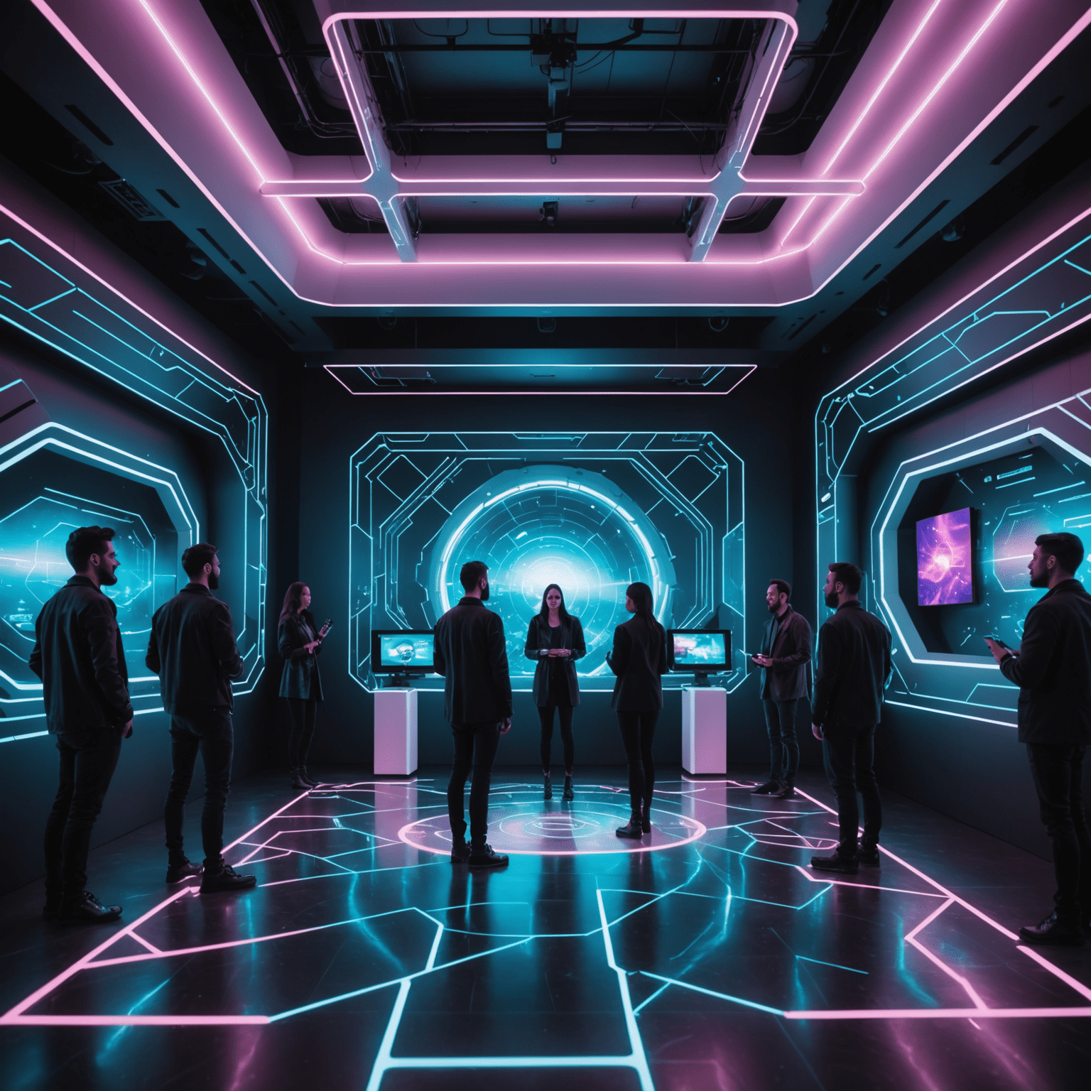 Futuristic event space with holographic displays, neon lighting, and guests interacting with high-tech installations