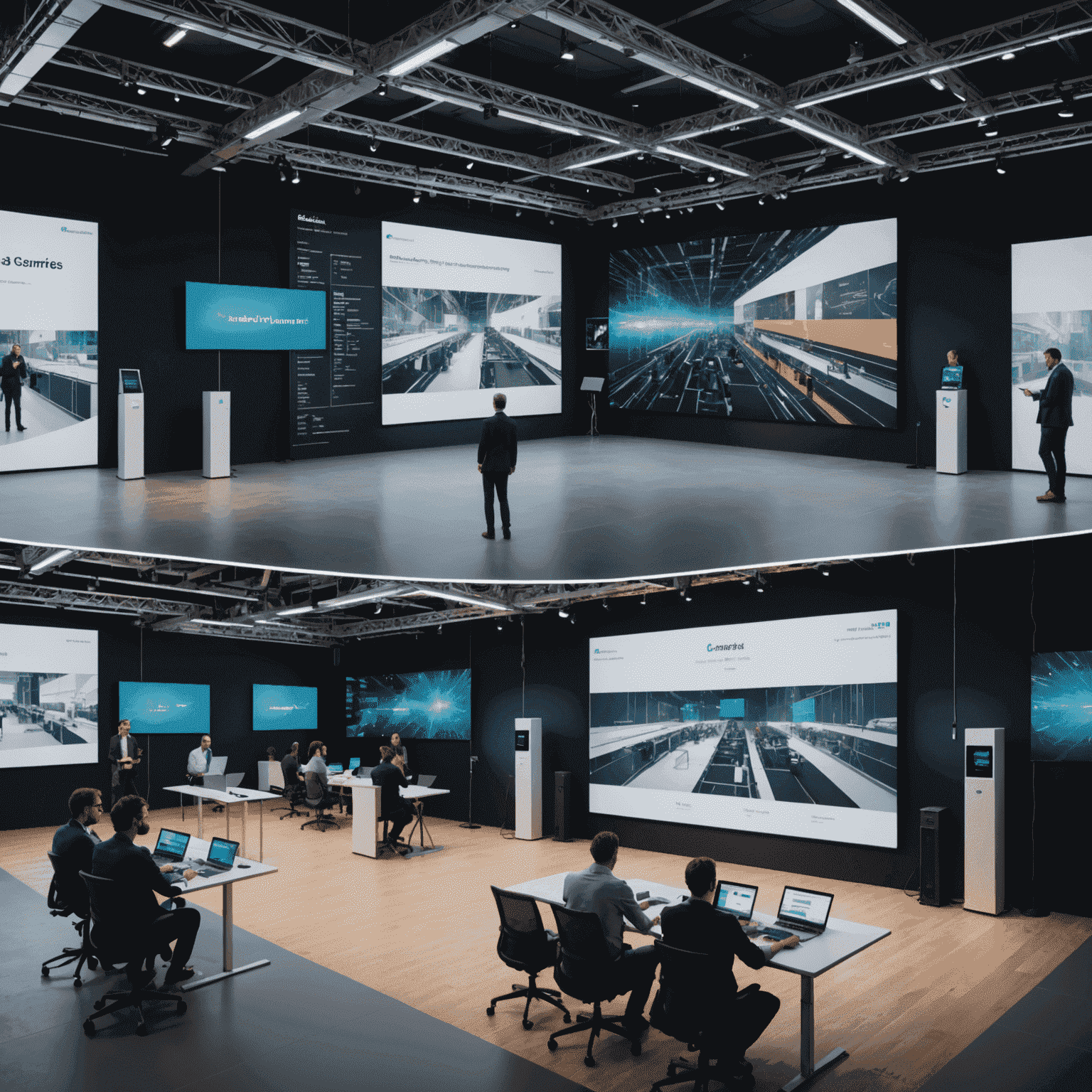 A split-screen showing a physical event space and its digital twin, with real-time data flowing between them, illustrating advanced event management systems