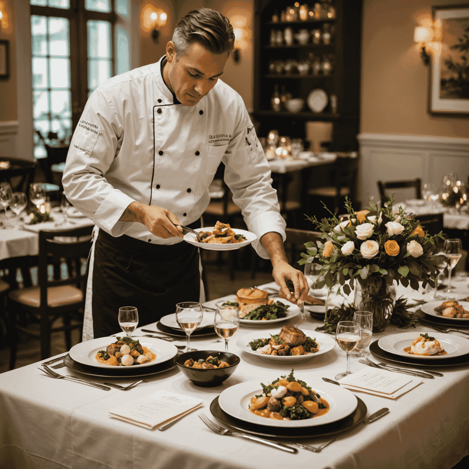 An elegant table setting with gourmet dishes, a chef preparing food in the background, and a variety of menu cards showcasing different cuisine options