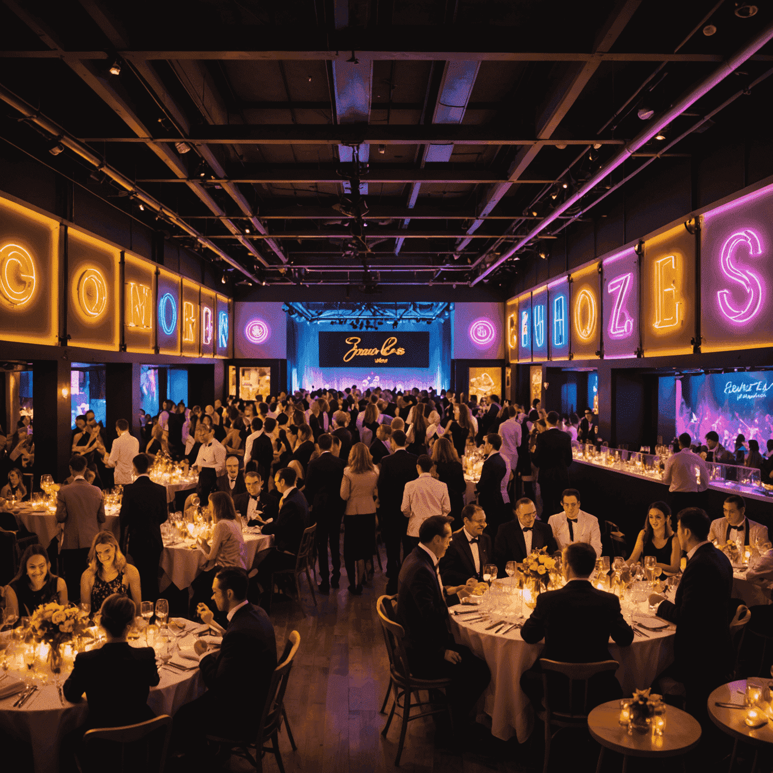 A panoramic view of a beautifully decorated event in progress. The image showcases a perfect harmony between the venue's architecture and the event's decor, with happy guests mingling and enjoying the atmosphere. Neon signs and vibrant lighting add a modern touch to the elegant setting.
