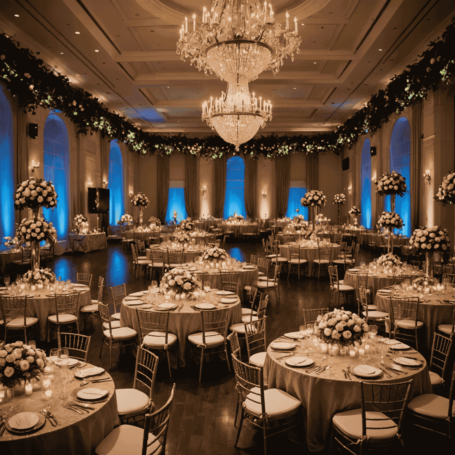 A stunning event space transformation showing before and after images, featuring elaborate floral arrangements, creative lighting designs, and thematic decorations