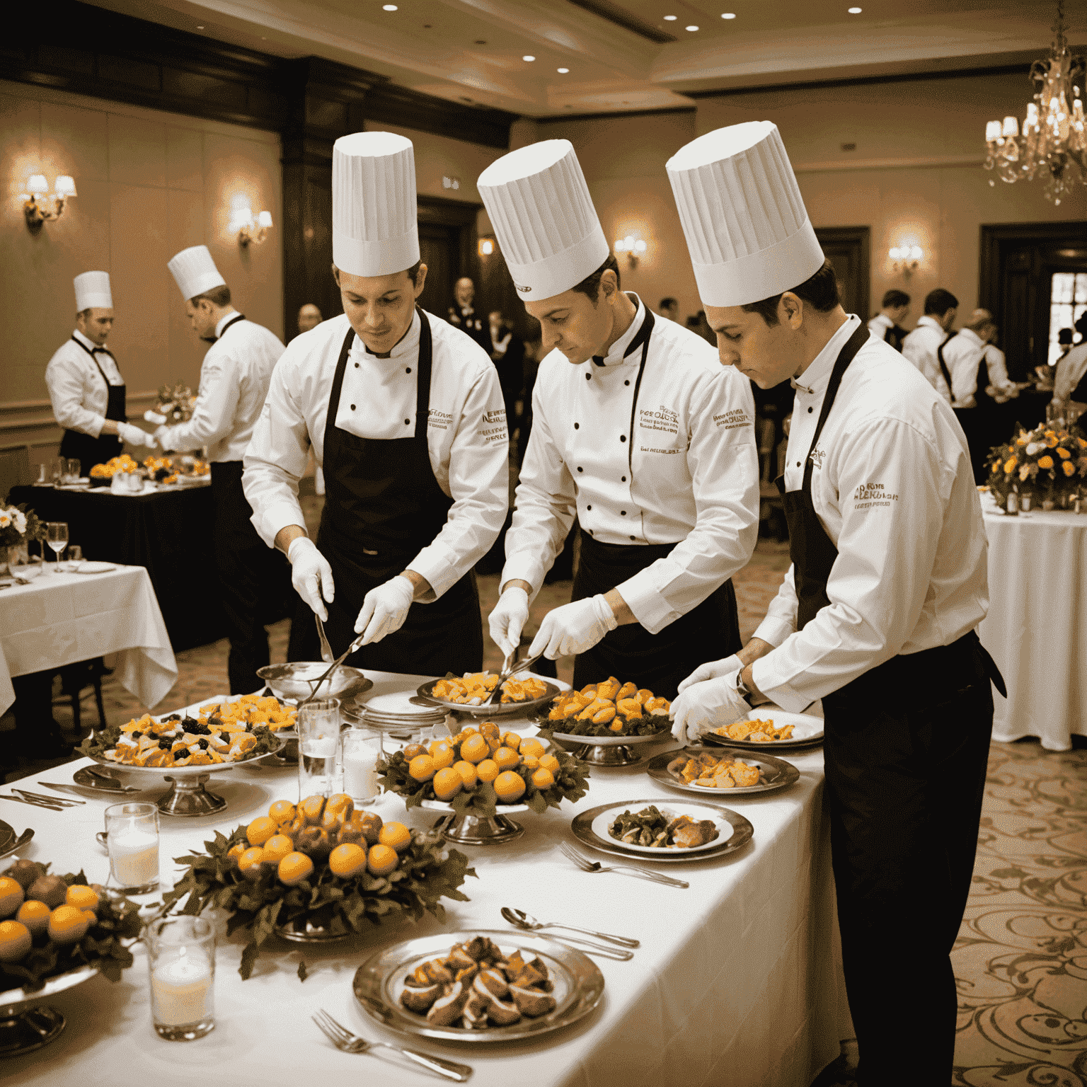 A team of professional caterers in crisp uniforms, setting up an elaborate event space. The image shows them arranging tables, placing centerpieces, and preparing serving stations, demonstrating the full-service nature of the catering offerings.