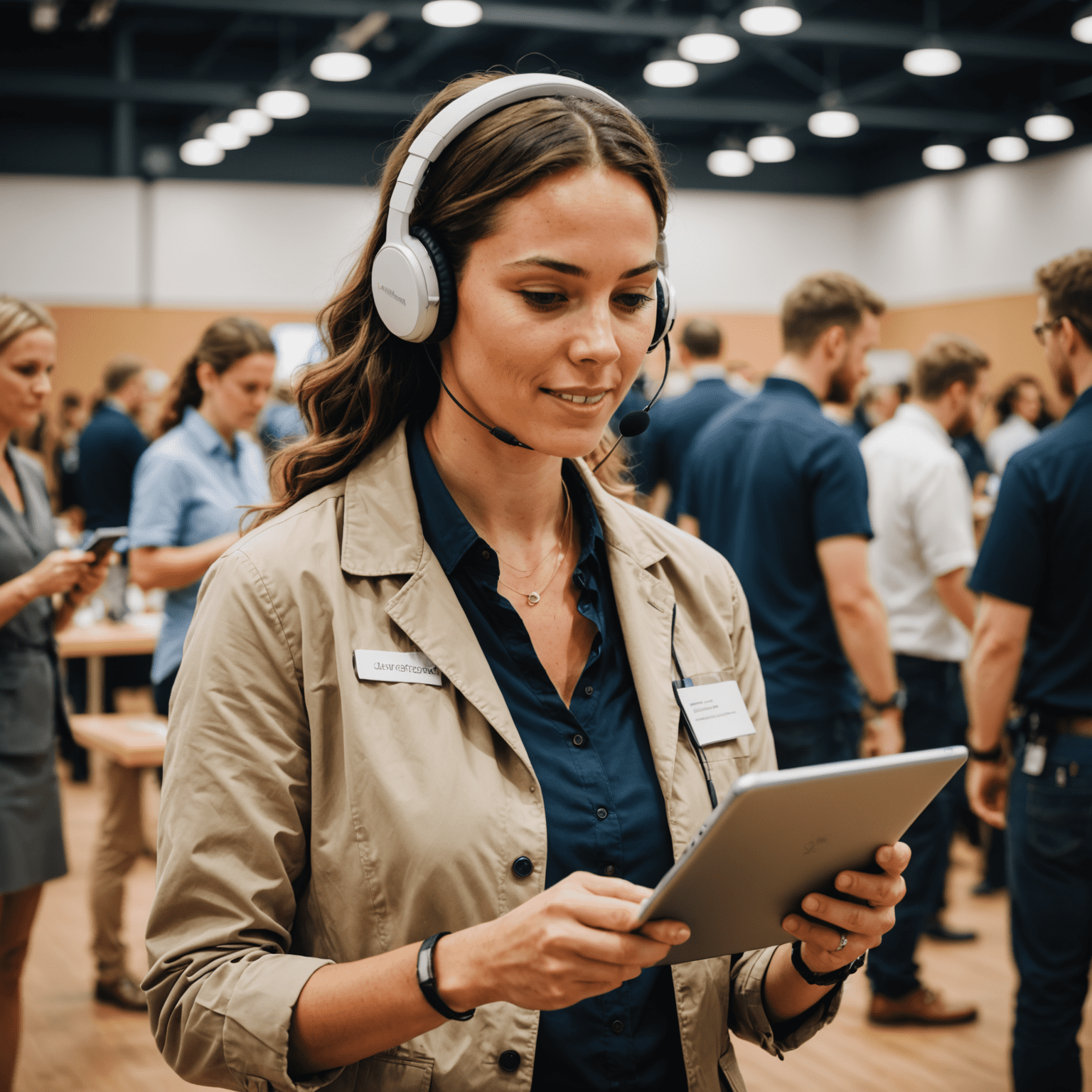 An event coordinator in action, wearing a headset, coordinating staff, checking details on a tablet, and ensuring everything runs smoothly at a large-scale event